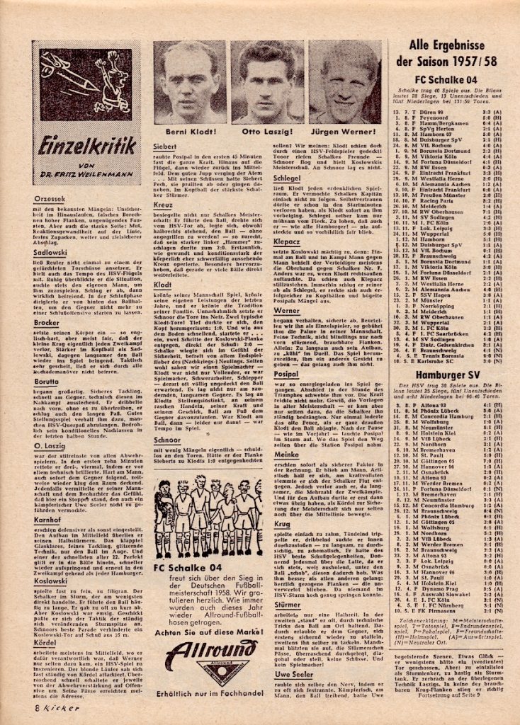 Die Einzelkritik und alle Ergebnisse der Saison 1957/1958