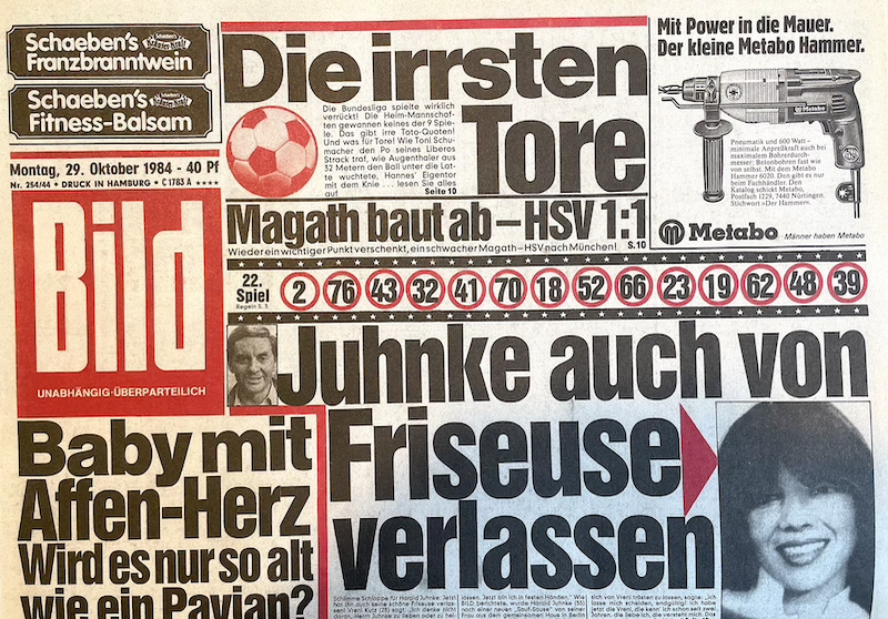 Bild Zeitung 29. Oktober 1984: Harald Juhnke auch von Friseuse verlassen!