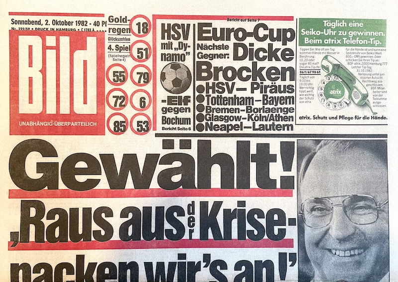Bildzeitung 1982 vom 2. Oktober : Kanzler Kohl  gewählt. raus aus der Krise - packen wir es an! 