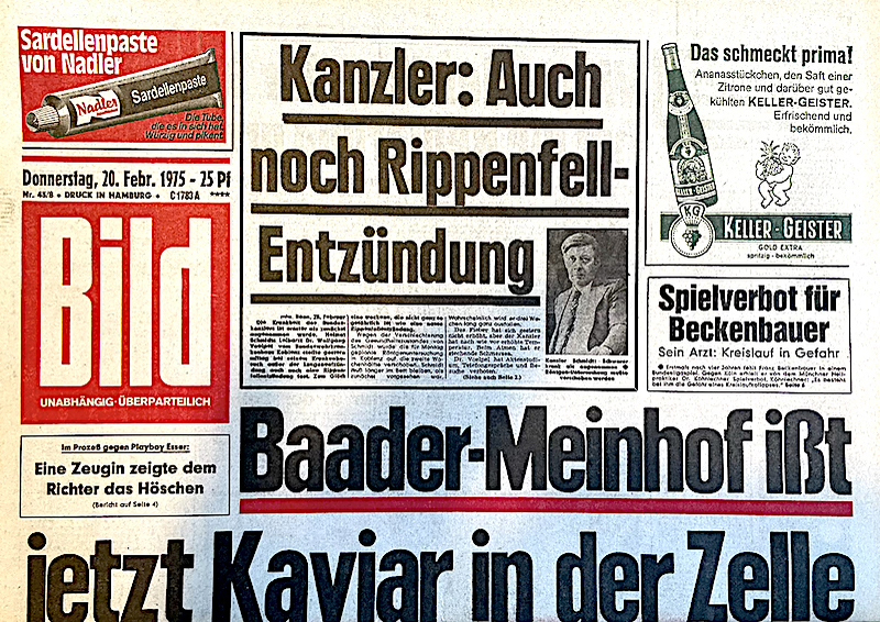 Bildzeitung 22. Januar 1975: Baader Meinhof ißt Kaviar in der Zelle