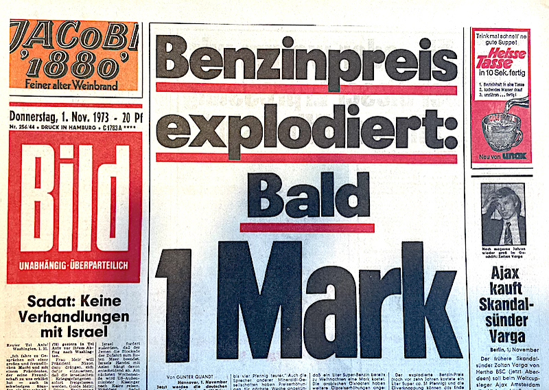 Bild-Zeitung 1. November 1973: Benzinpreis explodiert: Bald 1 Mark 