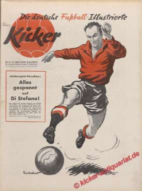 Kicker 1958: Alfredo Di Stefano! Der argentinische Vollblut Stürmer, seit 1953 bei Real Madrid, ist zweifellos das prominenteste Mitglied der spanischen Nationalelf und ganz allein die Reise nach Frankfurt wert... 