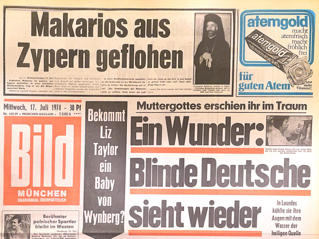 BILDZEITUNG SCHLAGZEILE 1974: EIN WUNDER BLINDE DEUTSCHE SIEHT WIEDER!    