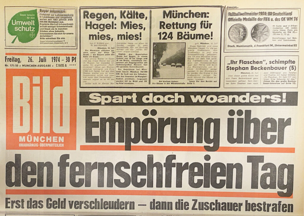 BILDZEITUNG 26. Juli 1974: FERNSEHFREIER TAG! Münchener Ausgabe