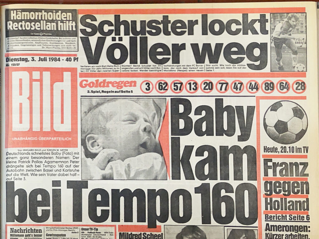 BILD ZEITUNG 3. Juli 1984: Baby kam bei Tempo 160!