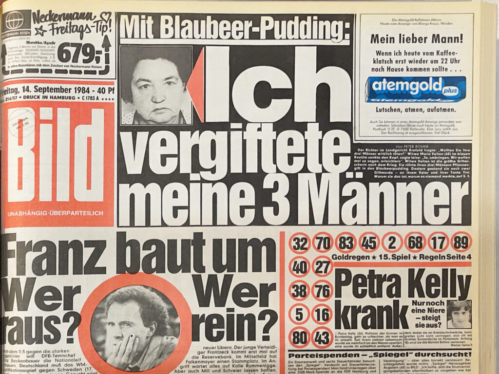 BILD ZEITUNG 14. September 1984: Mit Blaubeer Pudding ihre 3 Männer vergiftet
