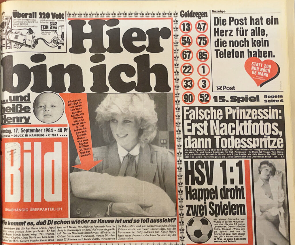 BILD ZEITUNG 17. SEPTEMBER 1984: LADY DI: Hier bin ich und heiße Henry!