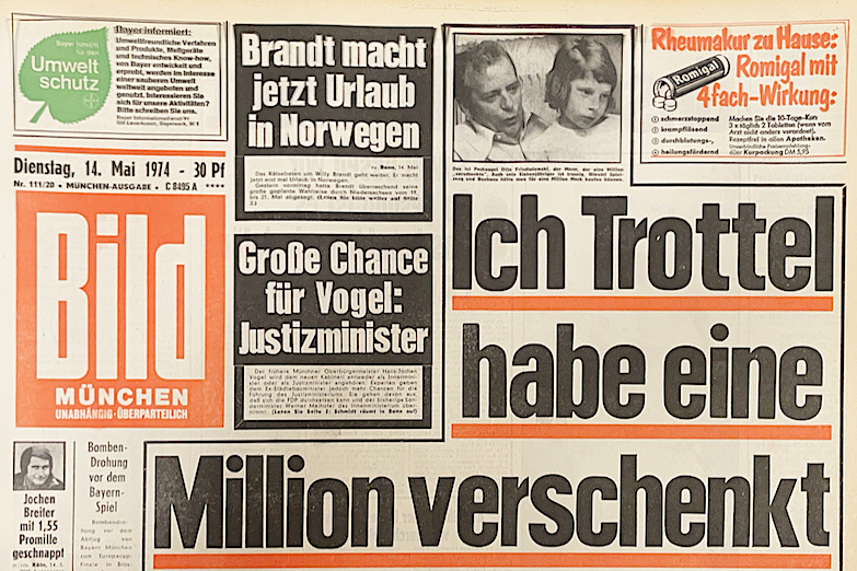 Bild-Zeitung Schlagzeile vom 14. Mai 1974: ich Trottel habe 1 Million verschenkt. Der Mann, der einem Kollegen das große Los, der Glücksspirale überließ, ist fassungslos. 