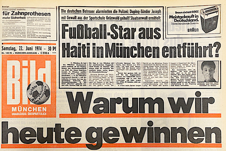 Bild-Zeitung Schlagzeile vom 22. Juni 1974: Warum wir heute gewinnen! Vor dem Spiel gegen die DDR in Hamburg: Drei berühmte Fußball Experten nennen ihre Gründe.