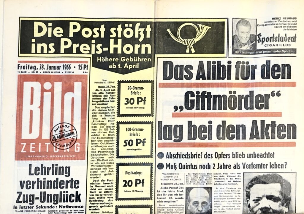 Titelseite der BILD-Zeitung vom 28. Januar 1966 mit der Schlagzeile: Die Post stößt ins Preis-Horn – höhere Gebühren ab 1. April. Originalausgabe aus dem Pressearchiv Deutschland