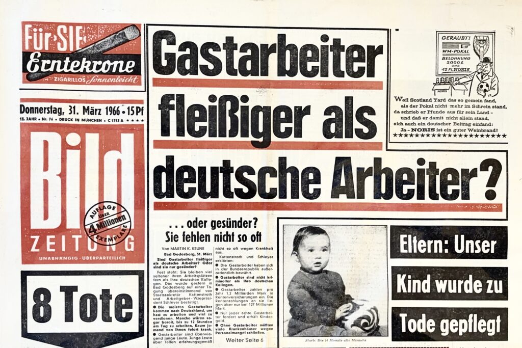 Titelseite der BILD-Zeitung vom 31. März 1966 mit der Schlagzeile: Gastarbeiter fleißiger als deutsche Arbeiter? – eine typische, provokante Schlagzeile der 60er-Jahre. Originalausgabe aus dem Pressearchiv Deutschland (Bild-Zeitung 1966 Archiv).