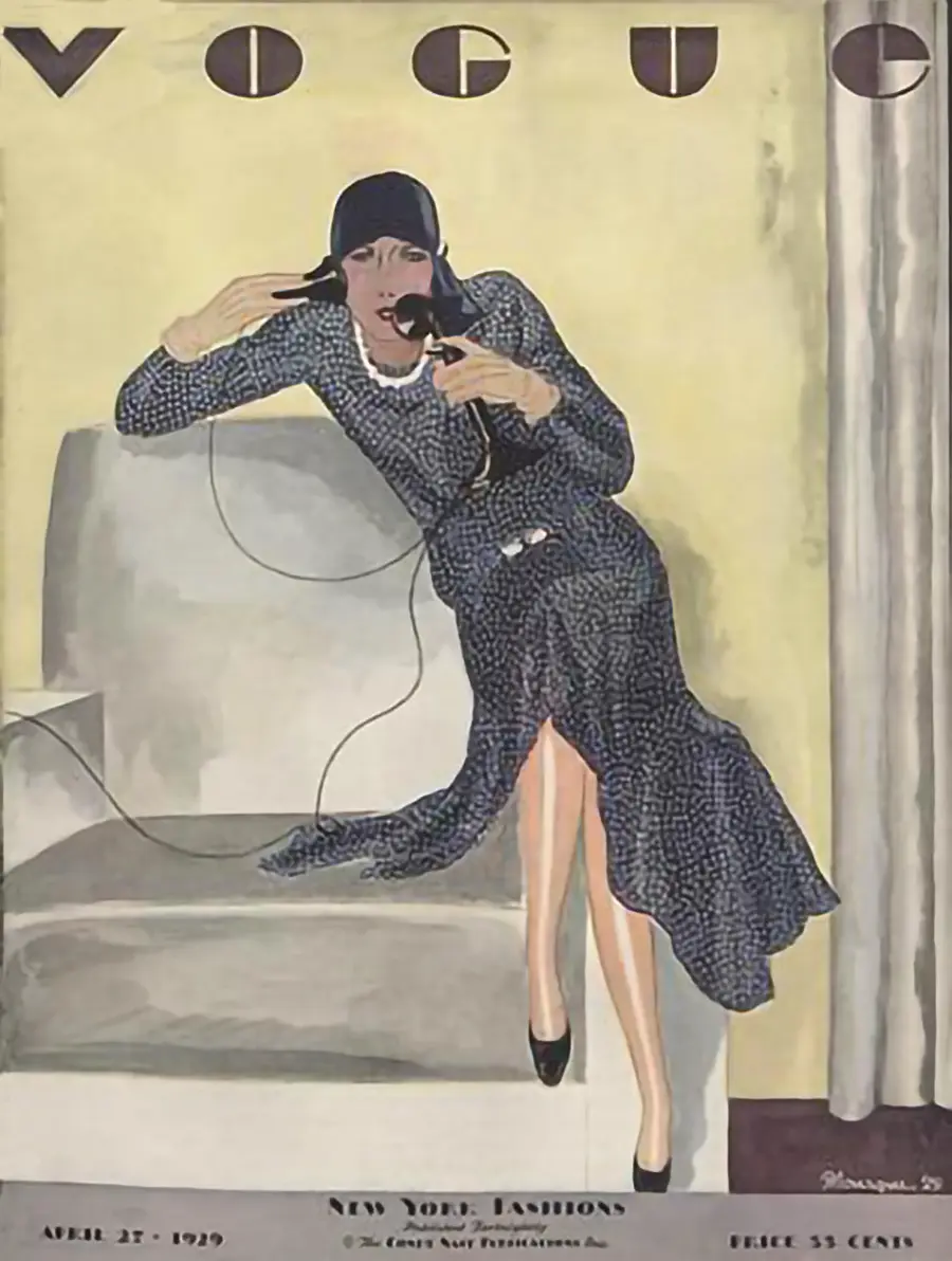 VOGUE Titelbild von 1929 mit eleganter Frau am Telefon und Art-Déco-Design der Goldenen Zwanziger