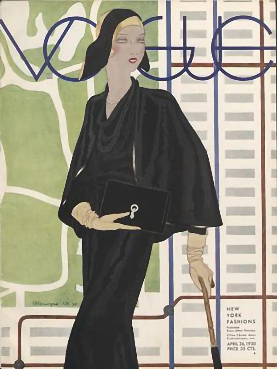 VOGUE Titelbild von 1930 mit eleganter Damenmode vor moderner New Yorker Stadtkulisse