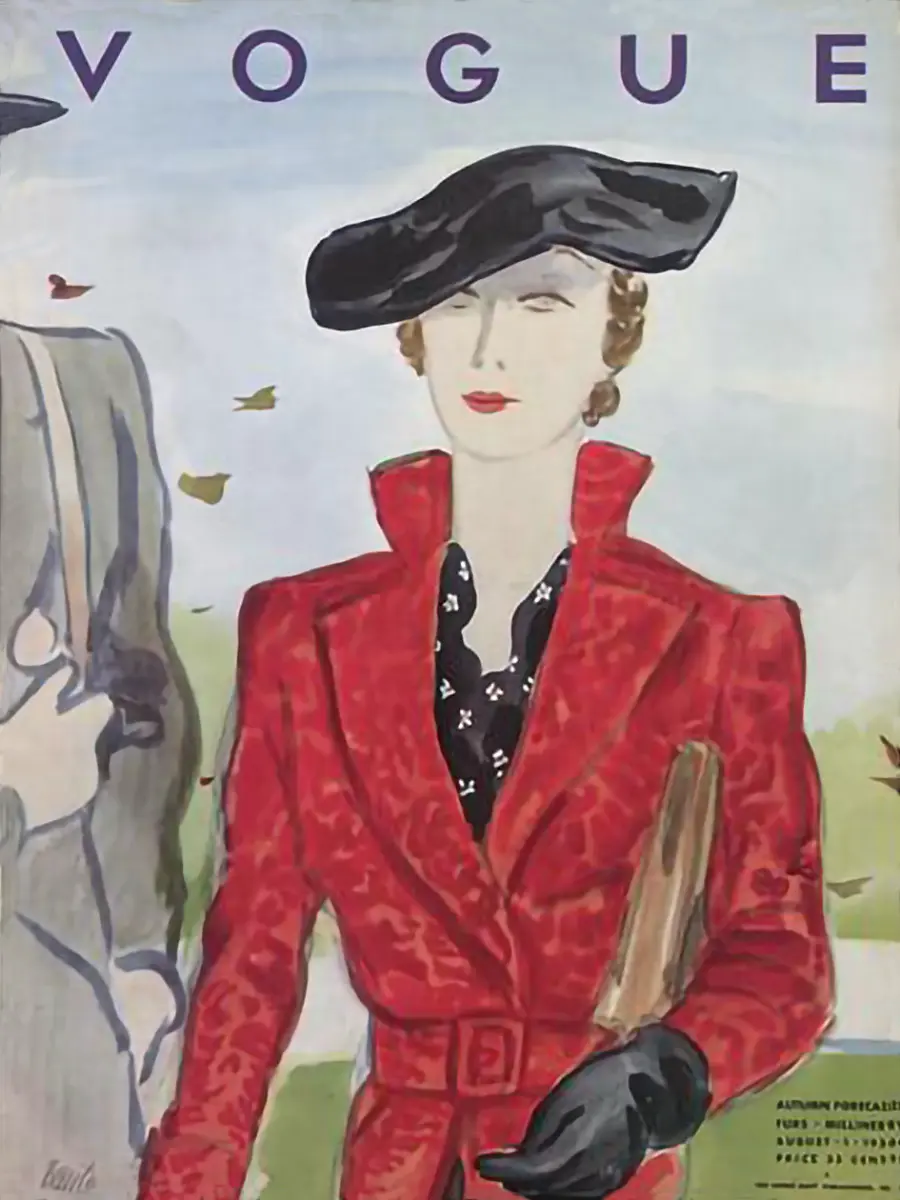 VOGUE Titelbild von 1934 mit elegantem rotem Kostüm und Hollywood-Glamour der 1930er Jahre