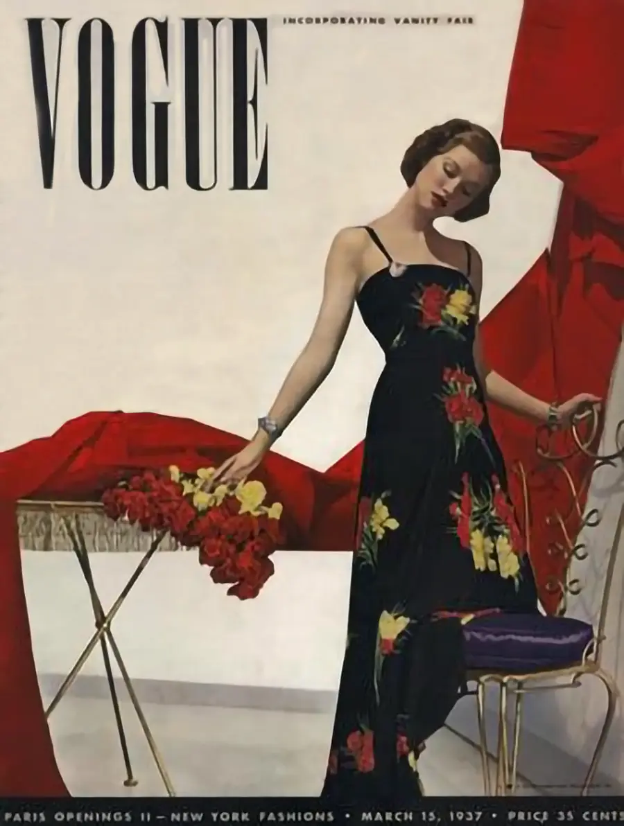 VOGUE Titelbild von 1937 mit glamouröser Modefotografie und eleganter Damenmode der späten 1930er Jahre